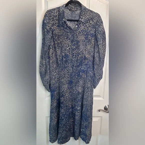 🖤”Kobi Halperin” 100% SILK Blue/Black/Cream Animal Print Bishop Sleeve Dress - Picture 4 of 13